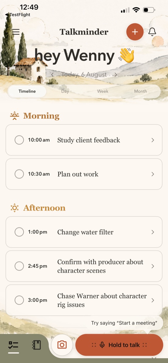 Talkminder Agenda timeline with tasks and the Hold to talk control