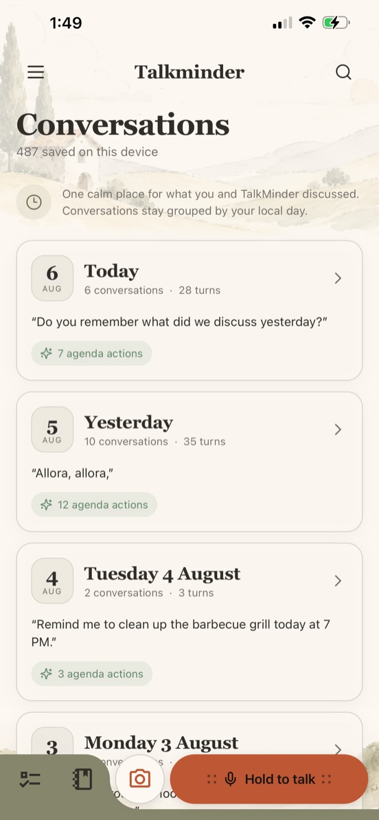 Talkminder Conversations screen with locally grouped conversation history