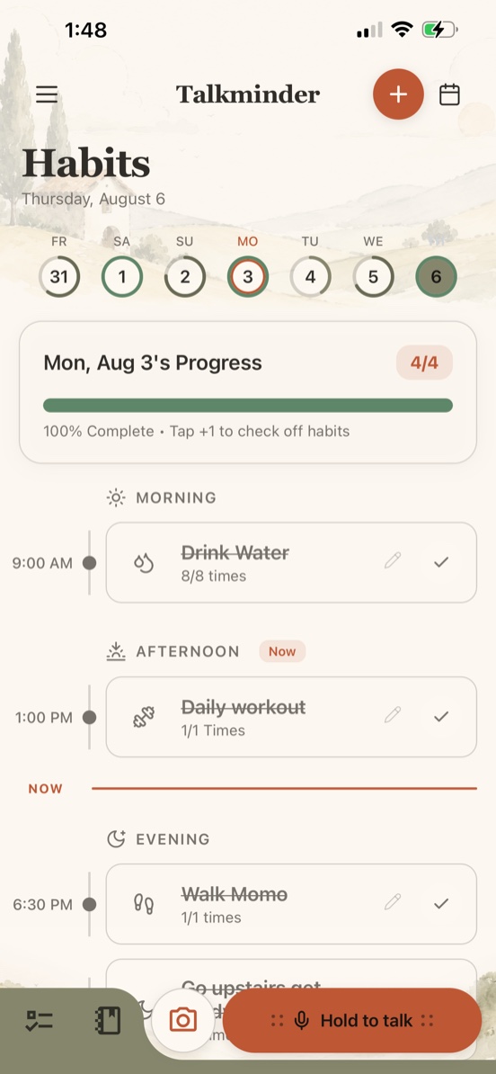 Talkminder Habits screen with weekly rhythm and progress