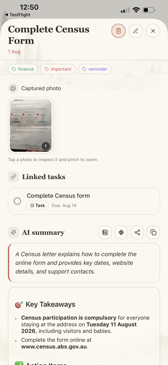 Talkminder photo note with linked task, AI summary, and key takeaways